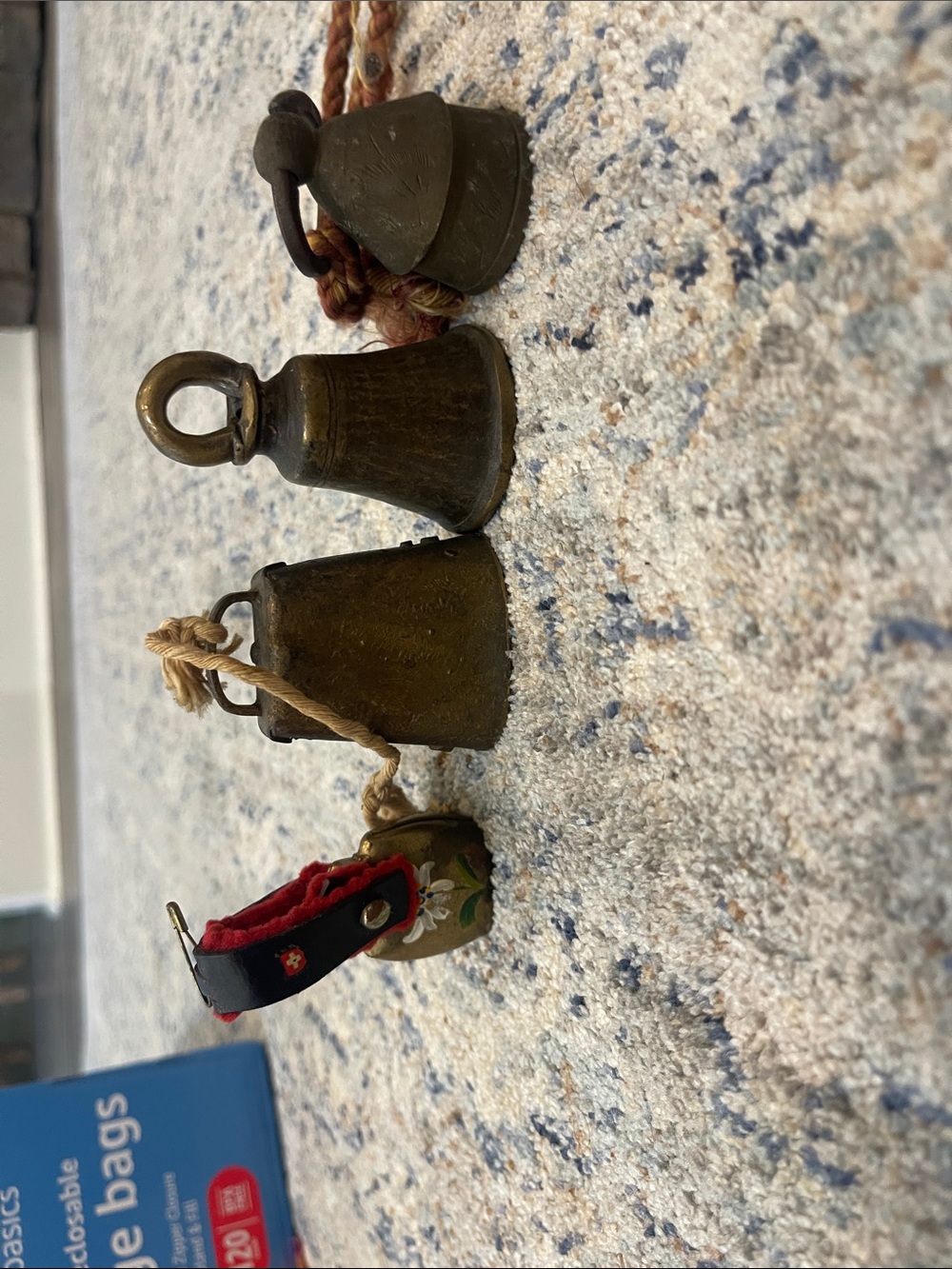 Antique Brass Cowbell Set with Red-Accented Bell